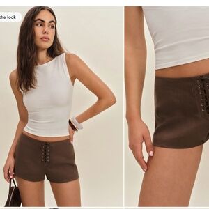 reformation quin linen short chocolate cake tie front lined
